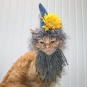 HAND CRAFTED Cat Hat Crochet Garden Gnome Wig Beard Costume Photo Prop
